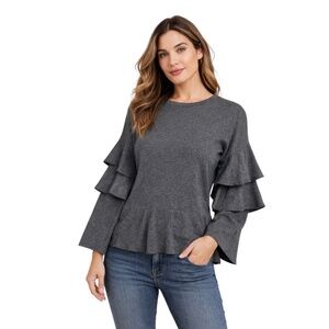 Edward Achour Paris Grey Bell Ruffle Sleeve Sweater